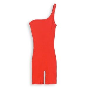 Stretch rib one shoulder strap onesie unitard bodysuit in vibrant red / orange